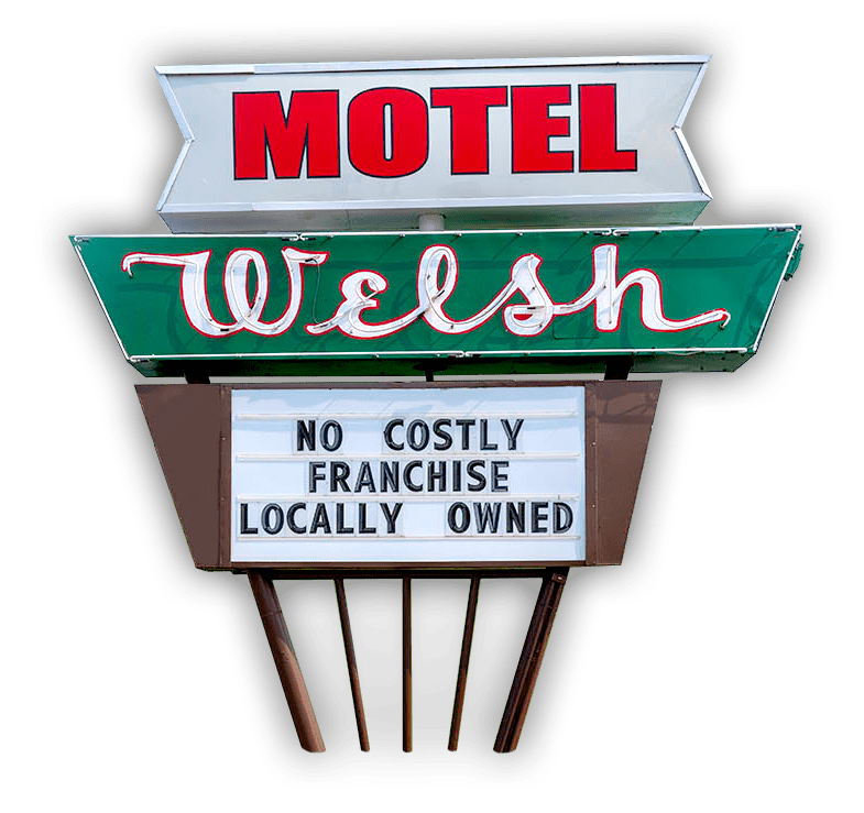 Cutout of Welsh's Motel vintage motel street sign