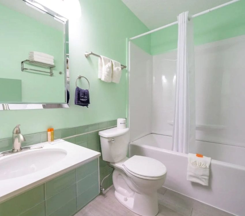 Light green bathroom with white bathtub, toilet, and sink, featuring silver fixtures, white towels on a rack and shelf, and a large mirror above the vanity.
