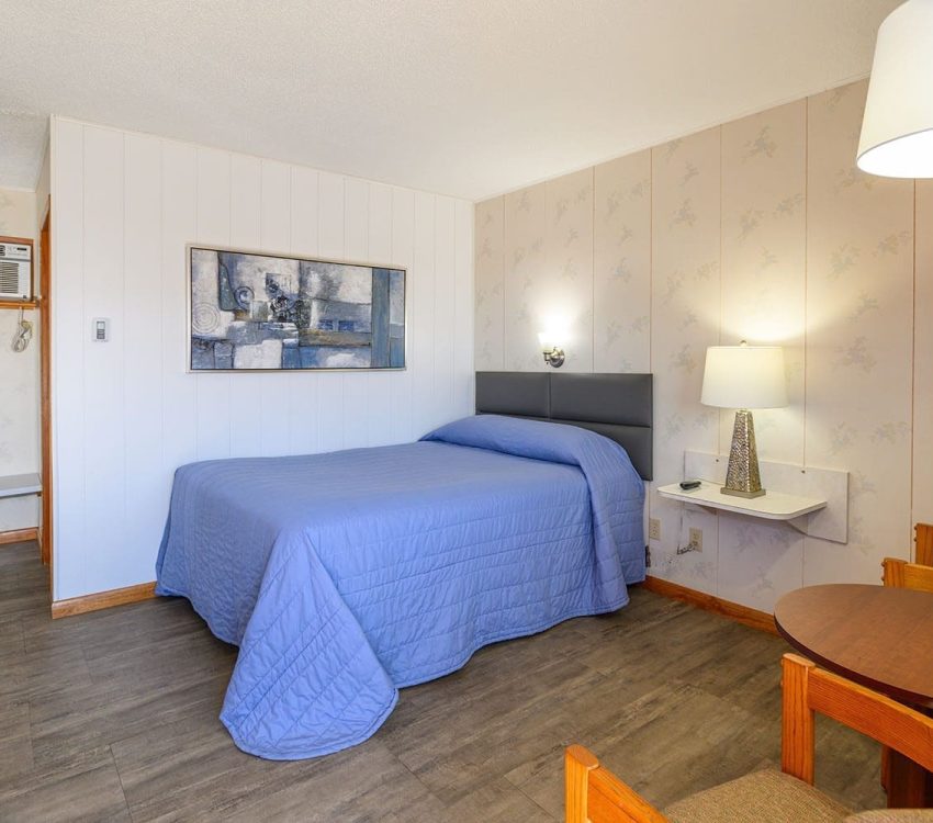 1 bed in 1 bedroom suite with sitting chairs and table at Welsh's Motel in Wall, SD