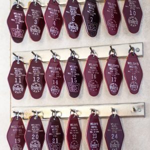Collection of vintage room keys for rooms at Welsh's Motel