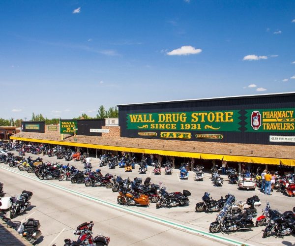 External view of Wall Drug Store Cafe during The Sturgis Rally with motorcycles in most parking spots